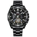 Relógio masculino Tourbillon com pulseira de aço, três mostradores e seis pinos, decorativo, para uso moderno, negócios e lazer.