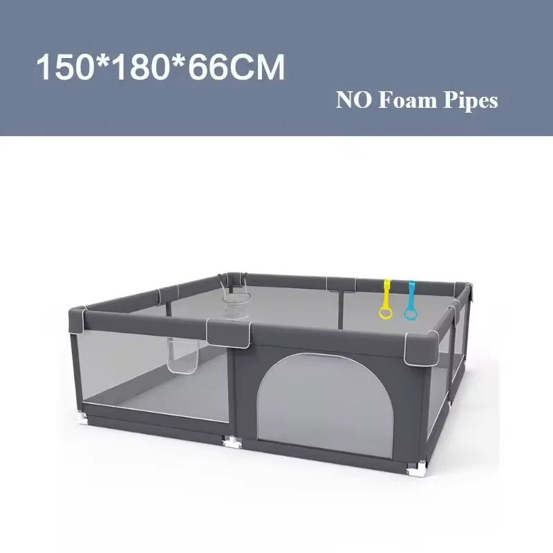 Cercado infantil IMBABY para uso interno, com barreira de segurança, piscina seca e área de recreação para crianças.