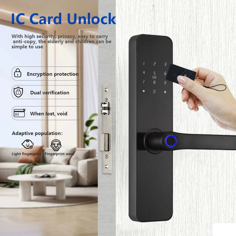 Fechadura elétrica de porta com impressão digital Bluetooth RAYKUBE F7 TT, versão com voz em português/inglês e alça maior