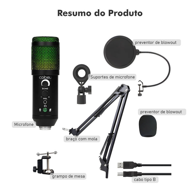 Microfone RGB de Braço Articulado, Condensador, de Mesa para PC Gamer, Coibeu