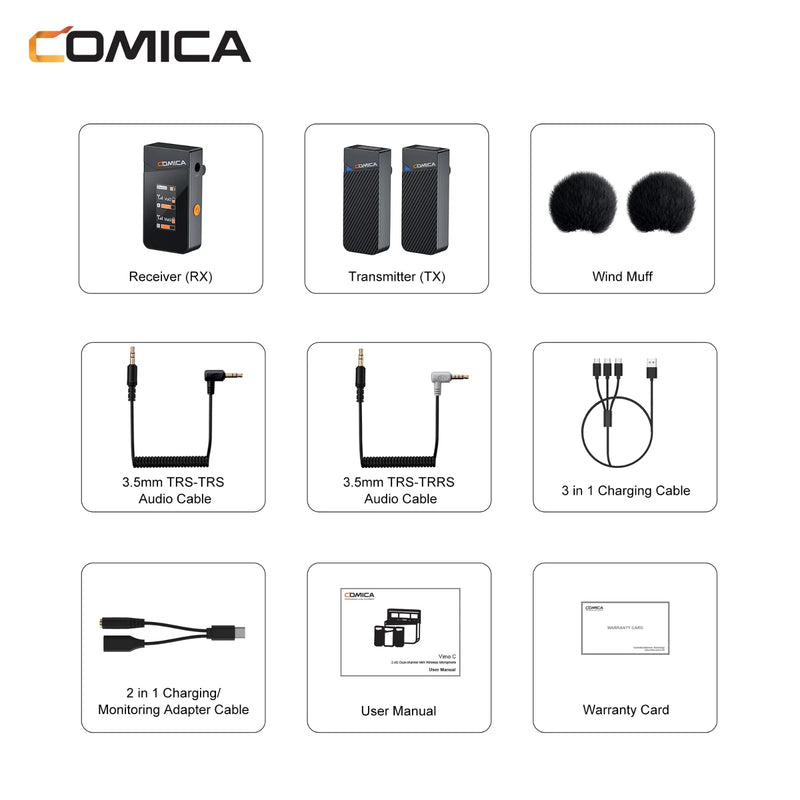 Microfone de lapela sem fio Comica Vimo C C3 C2 C1 2.4G para câmera de smartphone, vlog, streaming de YouTube vs Rode GO II