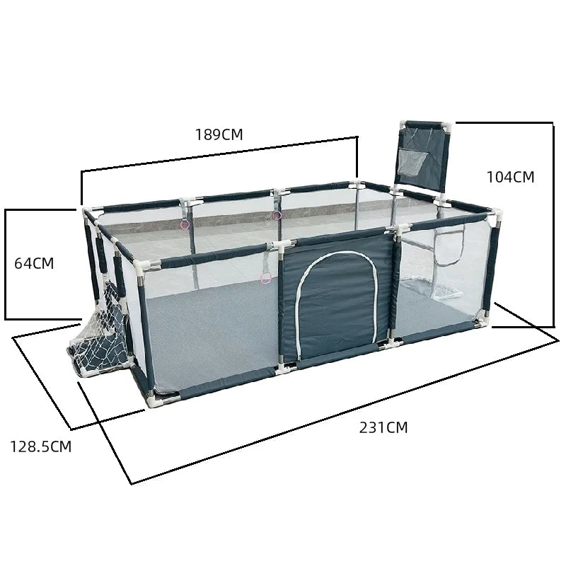Cercado infantil IMBABY para uso interno, com barreira de segurança, piscina seca e área de recreação para crianças.