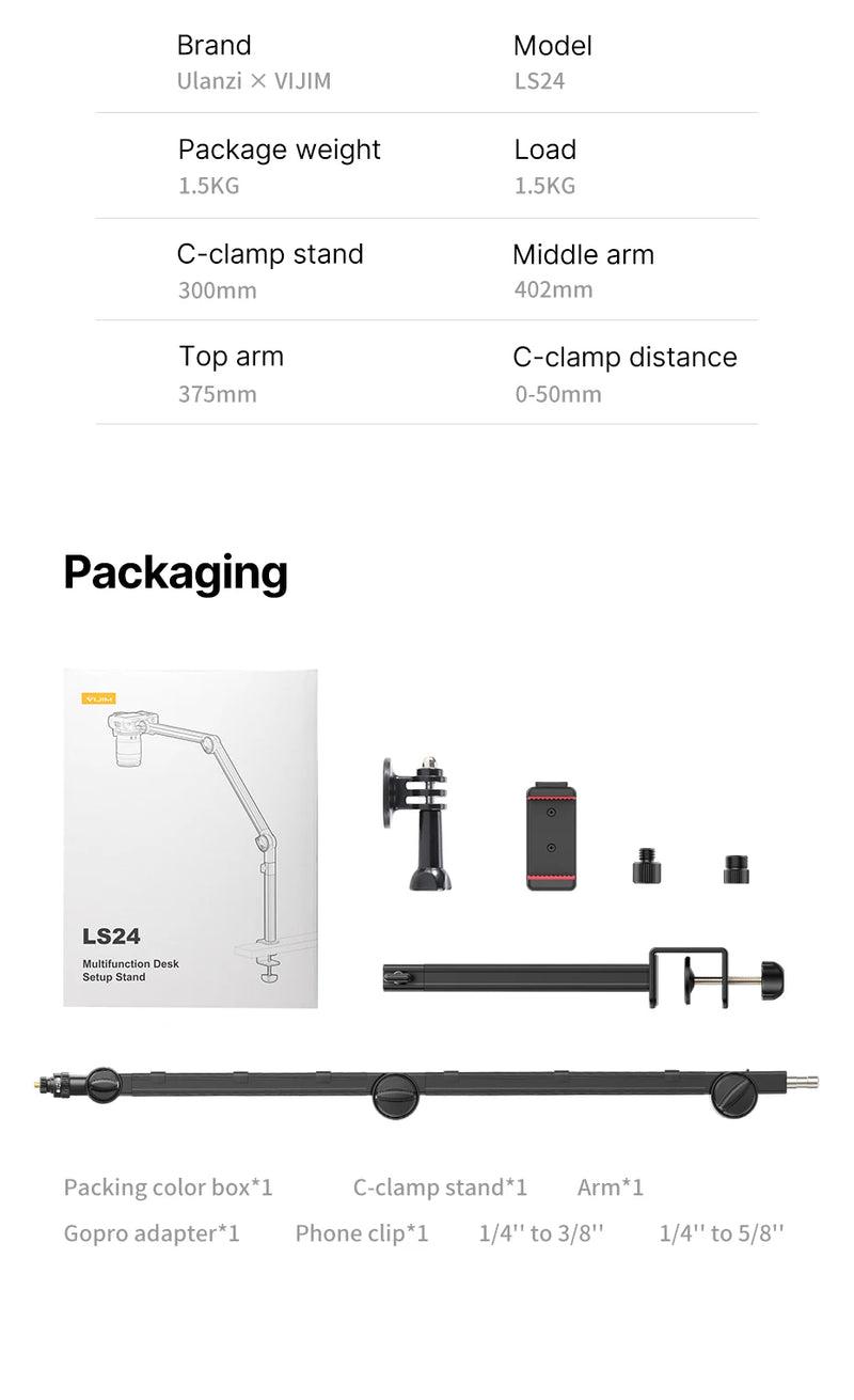 Suporte de mesa para microfone VIJIM LS24, suporte para câmera DSLR, braço de microfone com suspensão ajustável e suporte de parafuso de 1/4 para gravação