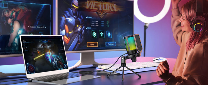 Microfone USB FIFINE Ampligame para streaming de jogos com filtro pop, montagem antichoque e controle de ganho, multicompatível, para PC/PS4/5 - A6V