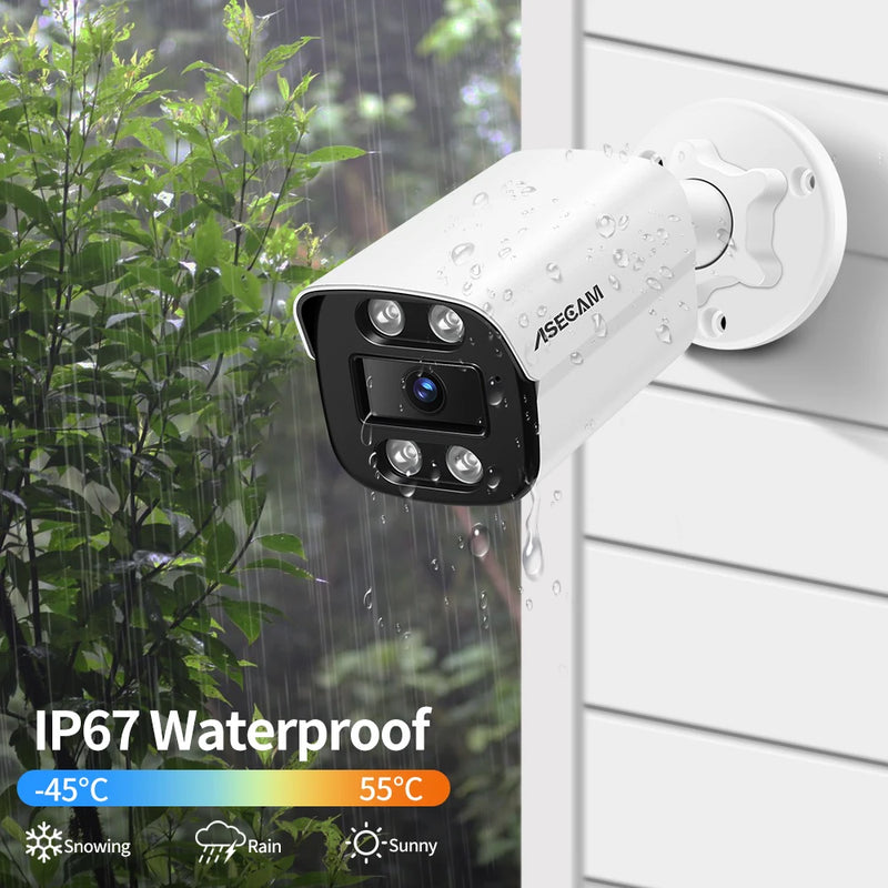 Câmera IP ASECAM 4K 8MP CCTV externa com áudio POE H.265 Onvif com detecção humana por IA e luz colorida, alarme e câmera de vigilância de segurança