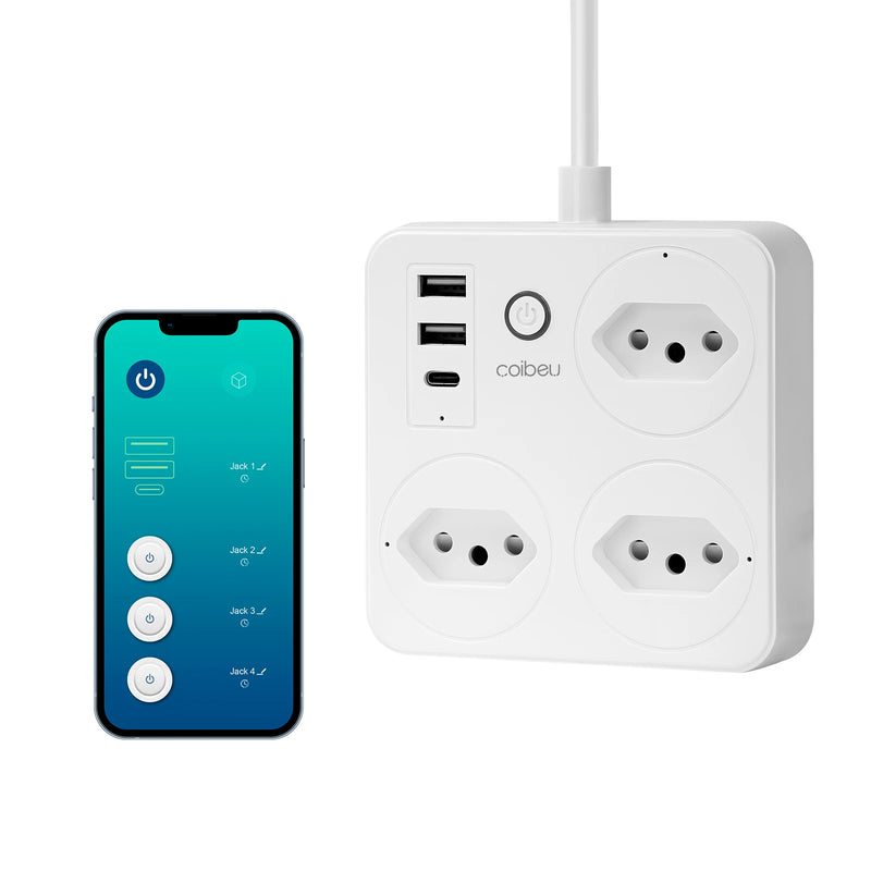 Filtro de Linha Inteligente Com WiFi, 3 Tomada, 2 Entradas USB, 1 Entrada Tipo C e 1 Botão Liga Desliga Geral