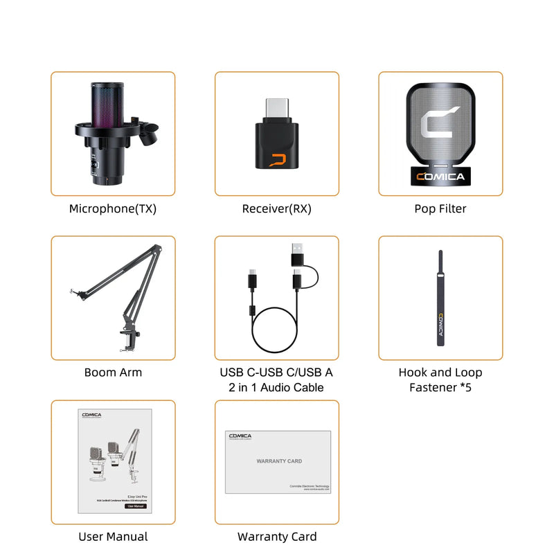 Microfone para jogos USB Comica Uni Pro com botão de cancelamento de ruído/RGB/balanço de ganho e microfone condensador para streaming de podcast