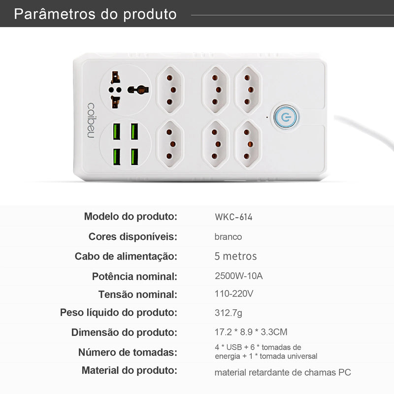 Extensão elétrica de 5 metros, extensão elétrica, filtro de linha brasileiro, tomada USB, régua de tomadas, extensão de tomada, tomada USB longa