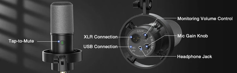 Microfone dinâmico XLR de gravação FIFINE com monitoramento em tempo real, microfone de streaming USB com botão de ganho/mudo por toque para PC, mixer-K688