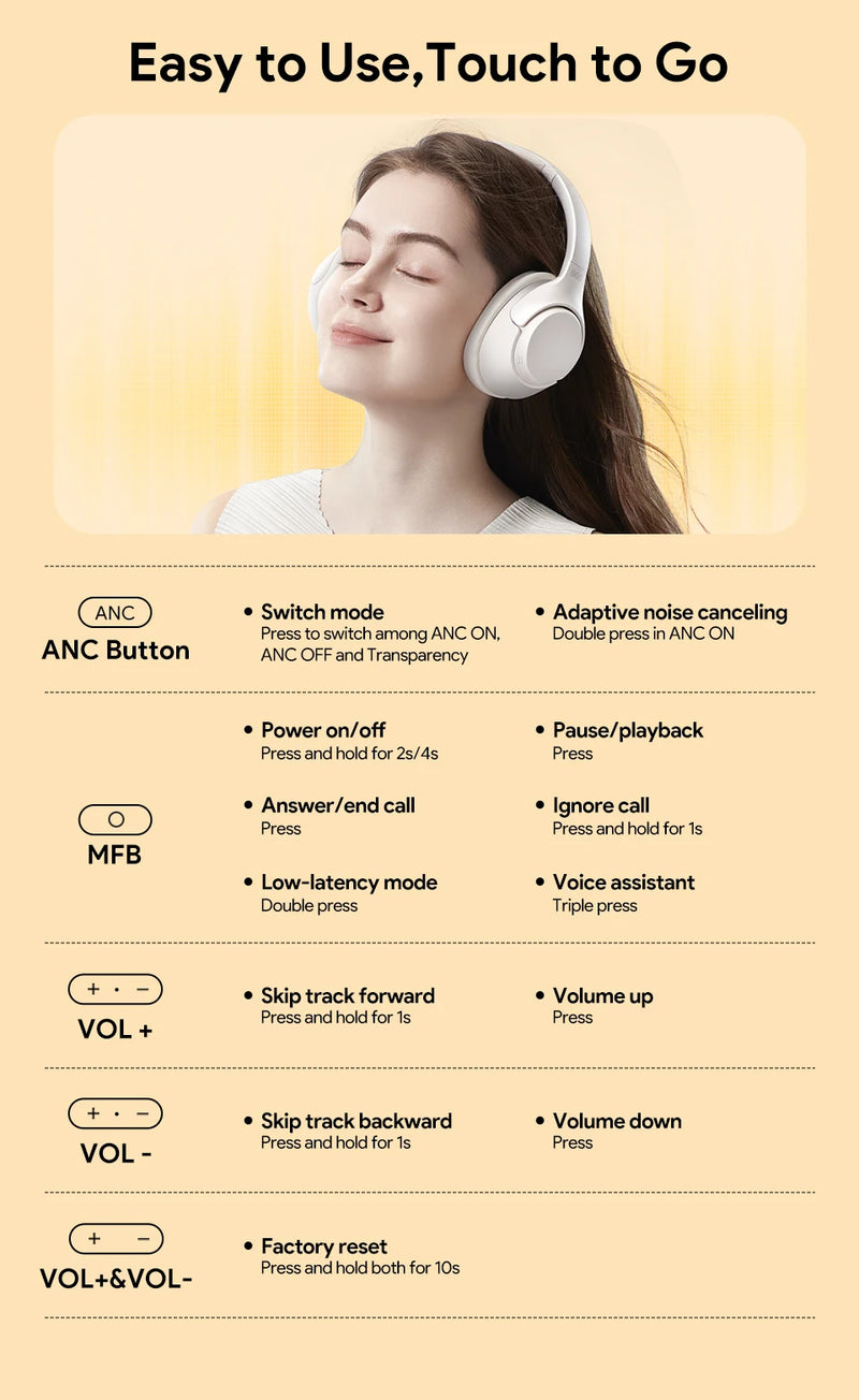 Fones de ouvido sem fio QCY H3 ANC Bluetooth 5.4 com áudio de alta resolução e cancelamento de ruído ativo híbrido de 43 dB 60H