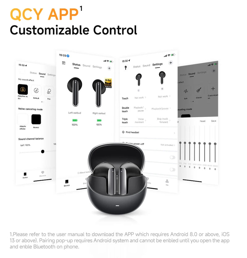 Fones de ouvido sem fio QCY HT10 AilyBuds Pro+ com cancelamento de ruído ativo (ANC), áudio de alta resolução com LDAC, Bluetooth 5.3, 6 microfones, IA para chamadas em HD e conexão multiponto.