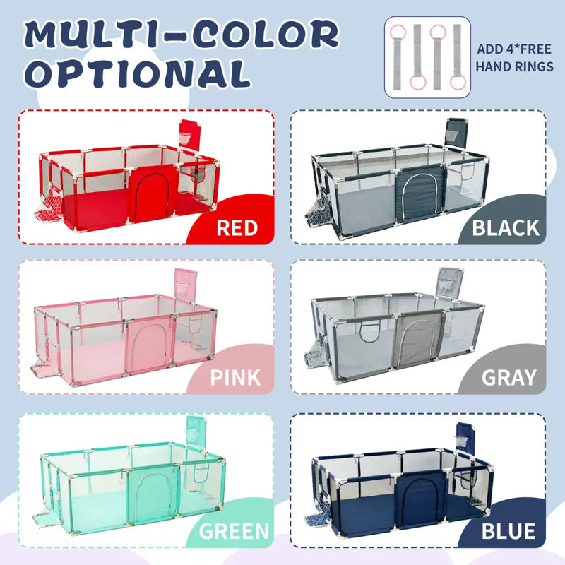 Cercado infantil IMBABY para uso interno, com barreira de segurança, piscina seca e área de recreação para crianças.