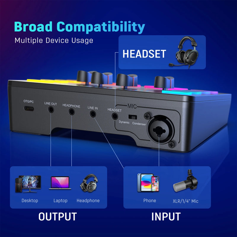 Mixer de áudio para jogos FIFINE, mixer RGB de 4 canais para streaming com interface de microfone XLR, para voz de jogos, podcast, AmpliGame SC3