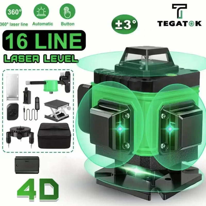 Nível de laser de feixe verde de 16 linhas 360° Ferramenta de alinhamento de alta precisão para projetos profissionais de construção e faça você mesmo Durável e ultrafino