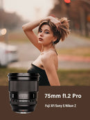 Lente VILTROX 27mm 75mm F1.2 para Fuji X, equivalente à lente Sony E 27mm 1.2, com foco automático e grande abertura, ideal para retratos em câmeras APS-C da Fujifilm.