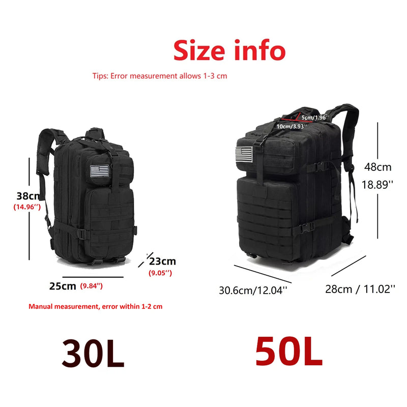 Mochila impermeável de nylon 1000D 30L/50L para atividades ao ar livre, esportes táticos, acampamento, caminhadas, trekking, pesca, caça