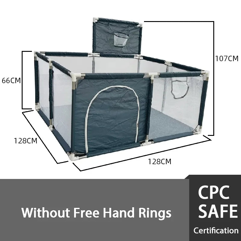 Cercado infantil IMBABY para uso interno, com barreira de segurança, piscina seca e área de recreação para crianças.