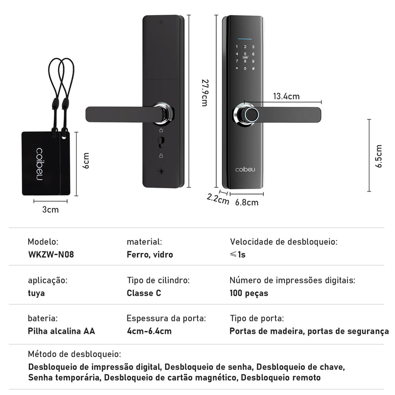 Fechadura inteligente com impressão digital e senha compatível com Tuya, desbloqueio rápido ≤ 1s, fechadura eletrônica, Coibeu
