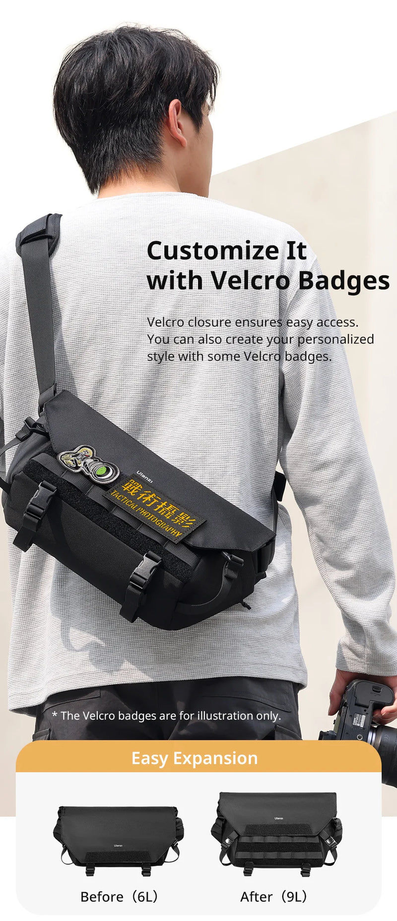 Bolsa tiracolo Ulanzi BC08 com capacidade de 9L, à prova de respingos, universal, para fotografia, bolsa transversal para câmera DSLR, organizador de viagens ao ar livre