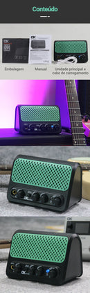 Mini amplificador de guitarra elétrica DK, 10W, Bluetooth, com efeitos de reverb e overdrive, bateria de lítio e 30 ritmos de bateria.
