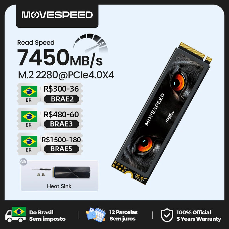 SSD MOVESPEED 7450 MB/s NVMe M.2 2280 4 TB 2 TB 1 TB Disco Rígido Interno de Estado Sólido M2 PCIe 4.0x4 2280 Unidade SSD para PS5 Laptop PC