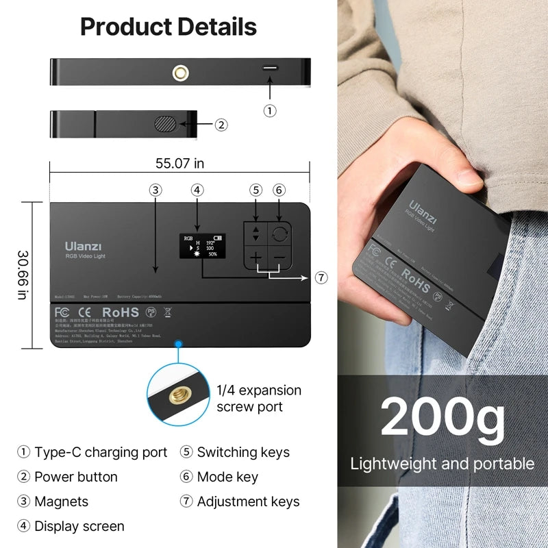 Painel de luz LED RGB Ulanzi LT002, luz de preenchimento de bolso de 7 polegadas, regulável, 2500-9000K, 4000mAh, fotografia para transmissão ao vivo