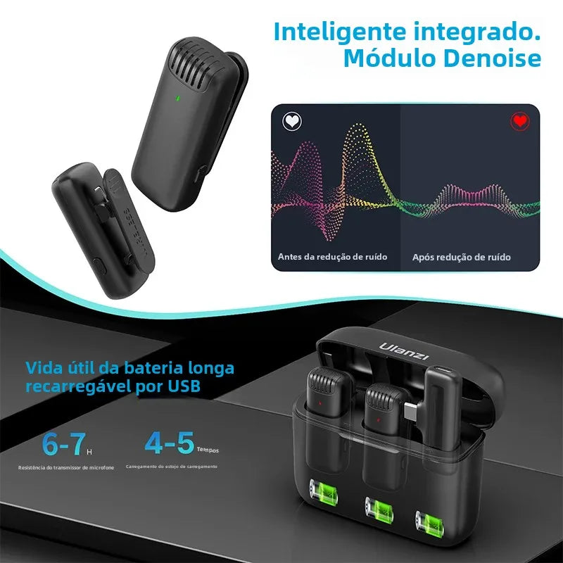 Microfone de lapela sem fio Ulanzi J12 com 20m de comprimento distancia e gravação de áudio e vídeo para smartphone Android e iPhone 16 DJI Action 5800mAh