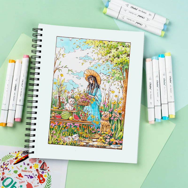 Blocos de marcadores de dupla face Ohuhu, caderno de esboços artísticos à prova de sangramento, espiral, caderno de esboços para marcadores de álcool, caderno de desenho escolar
