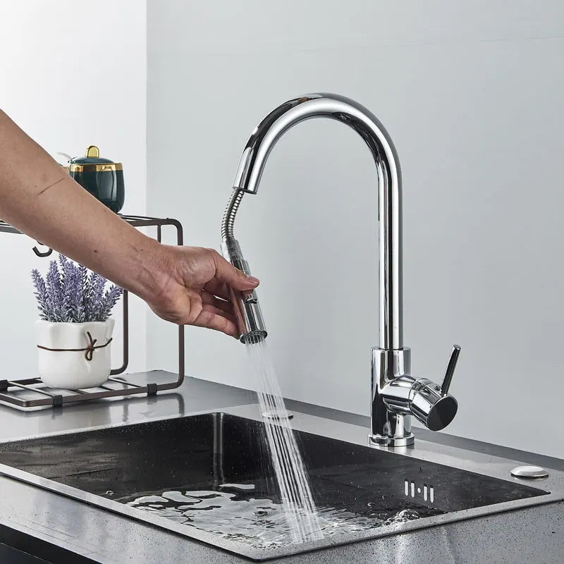 Torneira de cozinha FMHJFISD, torneira de cozinha dourada escovada, torneira de água retrátil, misturadora de alça única, rotação de 360 graus, torneira de chuveiro de cozinha