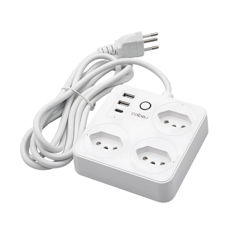 Filtro de Linha Inteligente Com WiFi, 3 Tomada, 2 Entradas USB, 1 Entrada Tipo C e 1 Botão Liga Desliga Geral