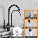 Torneira de cozinha de água pura preta fosca com duas alças para água potável quente e fria e torneiras misturadoras de cozinha removíveis