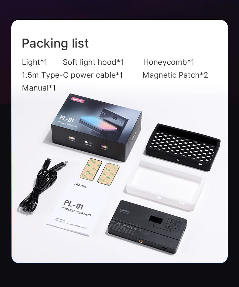 Ulanzi LT002 Painel de luz LED de bolso de 7 polegadas RGB CRI 95+ 2500-9000K com favo de mel 4000mAh Luzes para câmera fotográfica