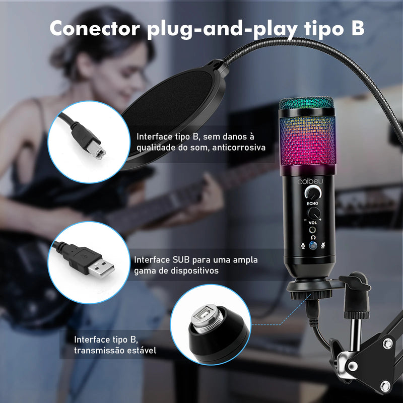 Microfone RGB de Braço Articulado, Condensador, de Mesa para PC Gamer, Coibeu