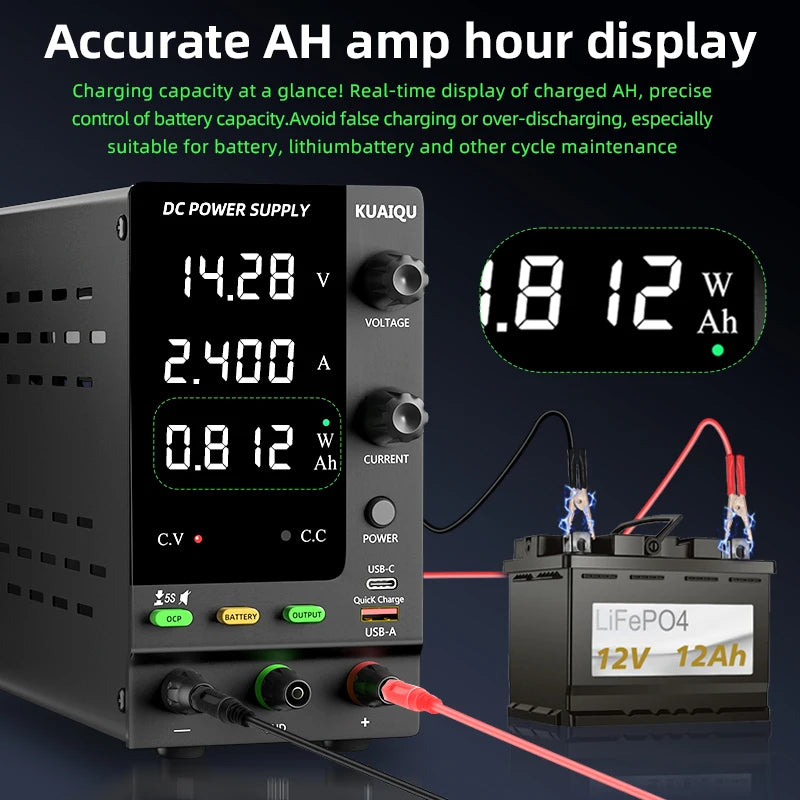 Fonte de alimentação KUAIQU DC 30V 10A, fonte de alimentação de bancada DC regulada por comutação ajustável, 12V 24V 48V 60V 120V, carregamento inteligente