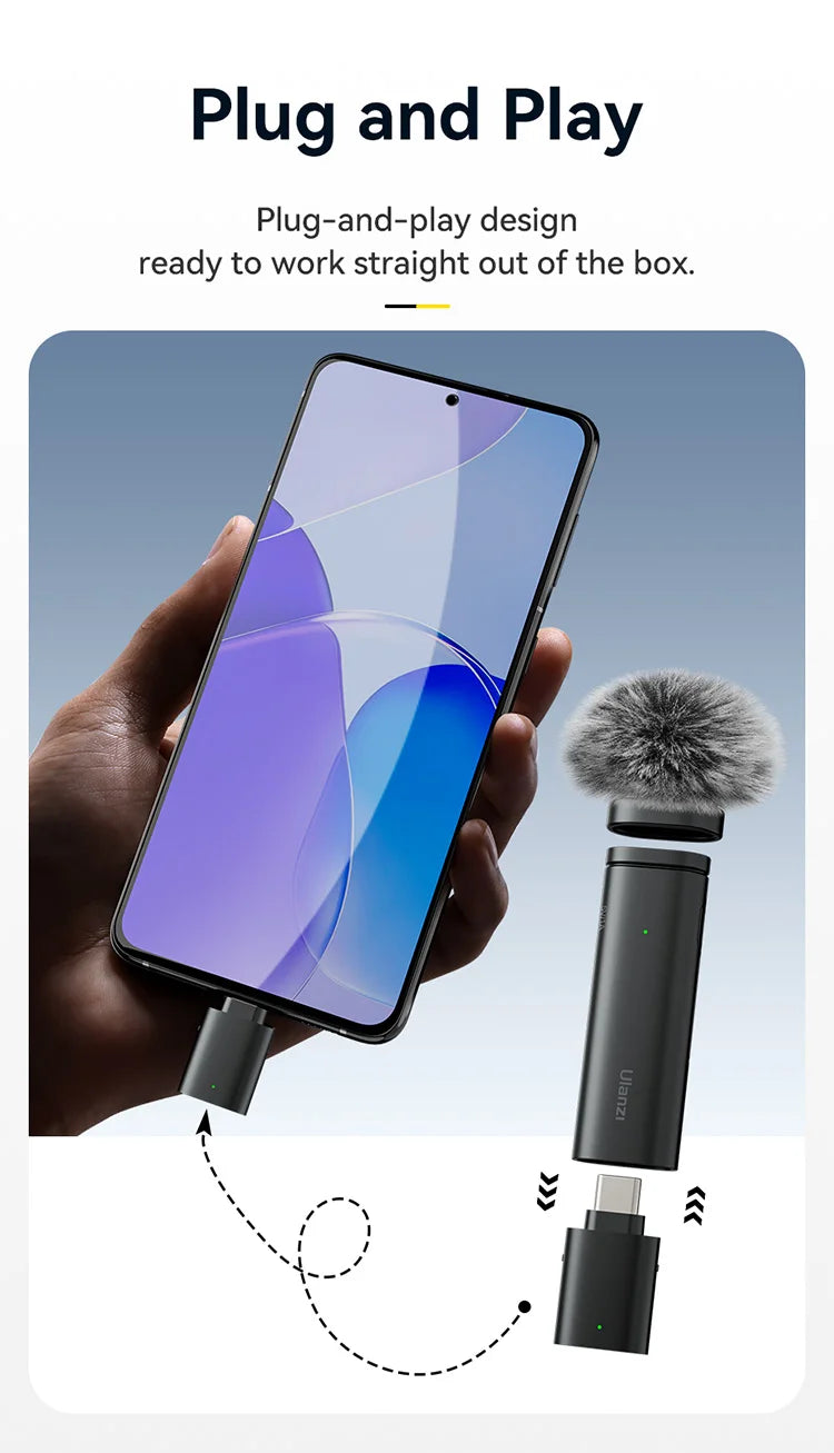 Microfone de lapela sem fio Ulanzi WM-10 1 para 1 USB C para Android e iPhone com esponja à prova de vento para gravação de transmissão ao vivo