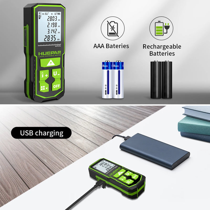 Medidor de distância a laser verde digital Huepar 60 m 100 m 120 m fita métrica a laser telêmetro com sensor de ângulo LCD ferramentas de medição