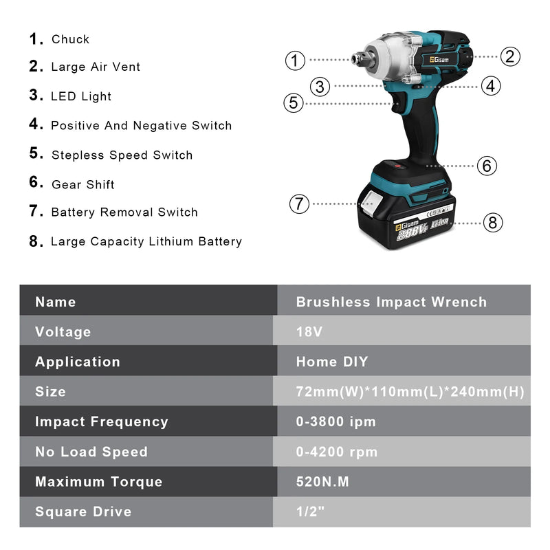 Chave de impacto elétrica sem escova 520N.M Chave elétrica sem fio Chave de fenda de 1/2 polegada Ferramentas elétricas para pinos de bateria Makita 18V