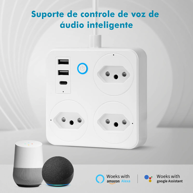Filtro de Linha Inteligente Com WiFi, 3 Tomada, 2 Entradas USB, 1 Entrada Tipo C e 1 Botão Liga Desliga Geral