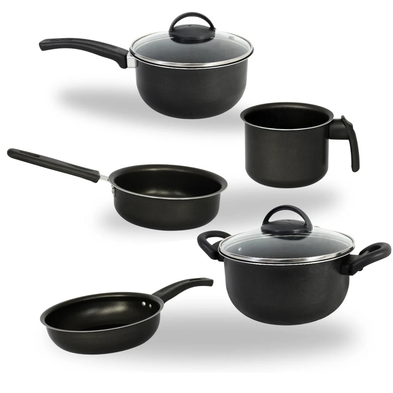 Kit de panelas com tampa de vidro e alumínio antiaderente de 5 peças