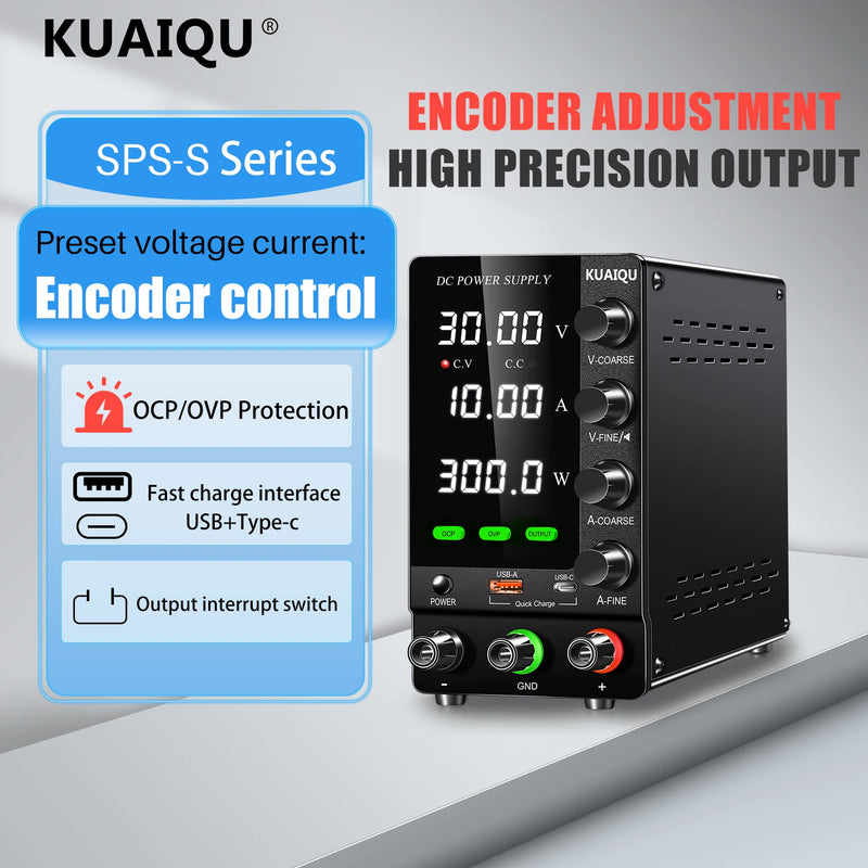 Fonte de alimentação KUAIQU DC 30V 10A, fonte de alimentação de bancada DC regulada por comutação ajustável, 12V 24V 48V 60V 120V, carregamento inteligente
