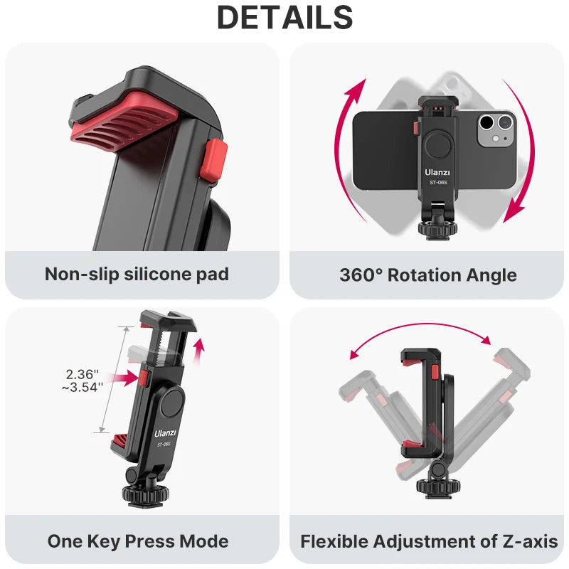 Suporte vertical para celular Ulanzi ST-06S para câmera DSLR, monitor, tripé, braçadeira para gravação de vlogs com smartphone