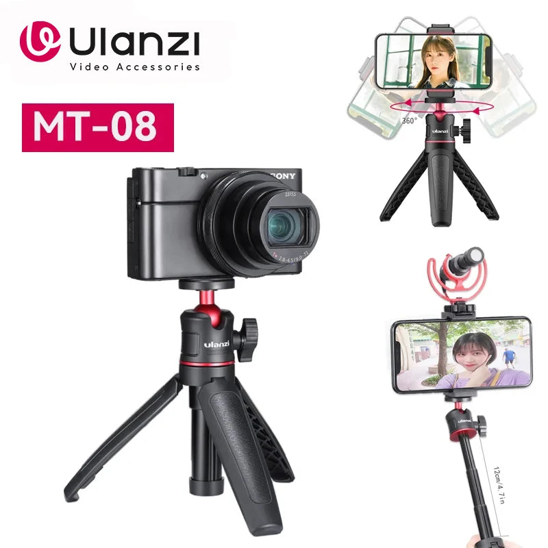 Ulanzi MT-08 Mini Tripé Extensível Portátil para Vlog, Smartphone, Selfie Stick, Tripé com Suporte para Câmera Canon, Sony, Nikon, DSLR e Celular