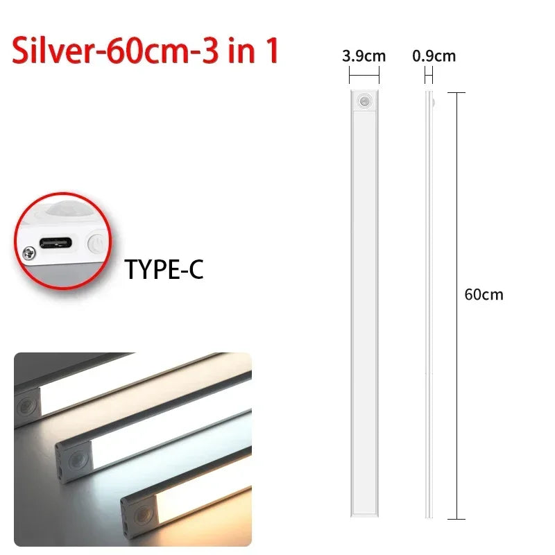 Luz noturna LED com sensor de movimento 20/30/40/60 cm, sem fio, USB, para armário, luz noturna, lâmpada para guarda-roupa, cozinha, armário, quarto