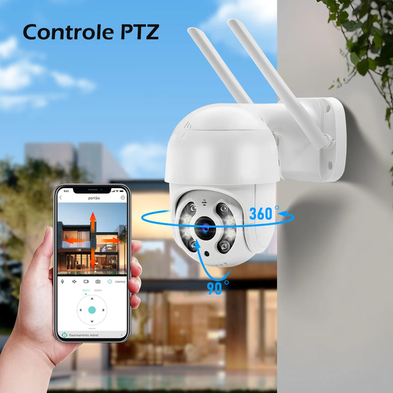 Câmera de vigilância Icsee preta Wi-Fi, monitor de câmera de segurança 4K Ultra HD, câmera de segurança Wi-Fi à prova d'água