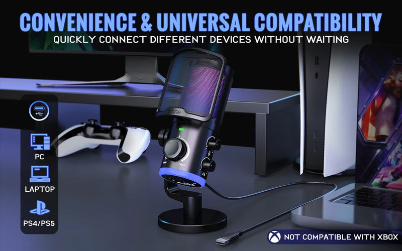 Microfone para jogos USB FIFINE com botão de cancelamento de ruído/RGB/ganho e equilíbrio, microfone condensador para streaming de podcast - Ampligame AM6
