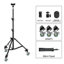 Tripé extensível SH 190 cm com parafuso de 1/4 e rodas, controle remoto Bluetooth para câmera DSLR, smartphone, luz de preenchimento, microfone, tripé