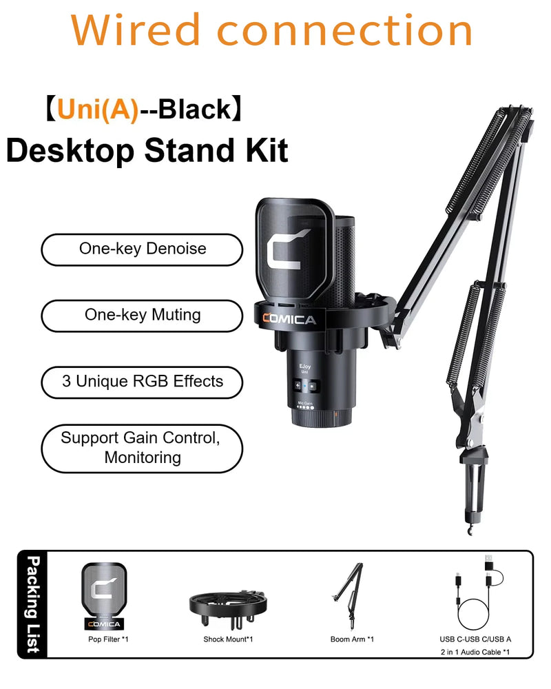 Microfone para jogos USB com fio Comica Uni D Uni A para PC, laptop, telefone, microfone condensador com cancelamento de ruído e iluminação RGB