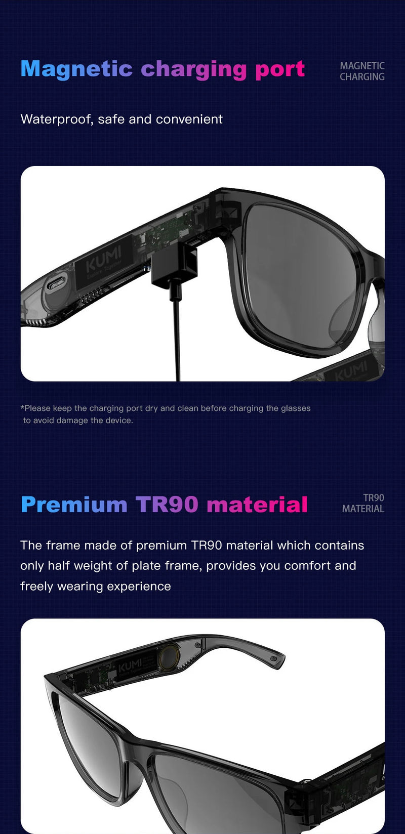 Óculos de Sol Inteligentes KUMI Meta V1, Polarizado com Bluetooth, à Prova D'água IPX4, Fones de Ouvido Abertos, Assistente de Voz com IA