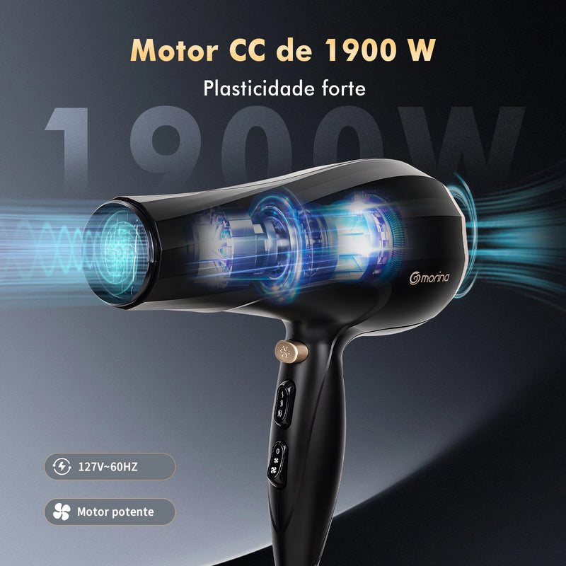 Secador de cabelo elétrico V-127V ou 220V 1900W Preto/Dourado