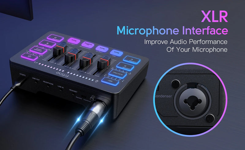 Mixer para jogos USB FIFINE com interface de microfone XLR, alimentação fantasma de 48 V, RGB, placa de som para podcast e streaming AmpliGame SC3